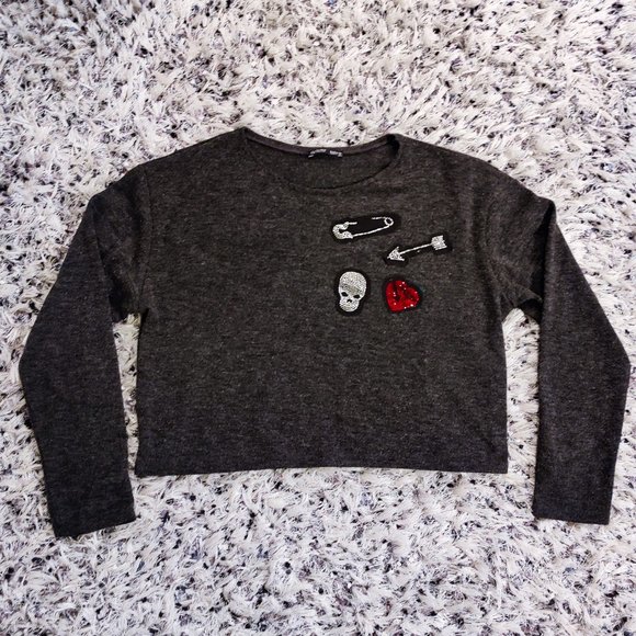 Zara Grey Cropped Rhinestone Skull, Heart, Arrow and Safety Pin - Picture 1 of 5